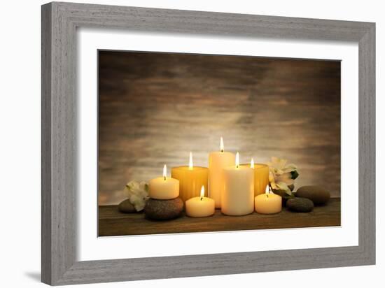 Beautiful Composition with Candles and Spa Stones on Wooden Background-Yastremska-Framed Photographic Print