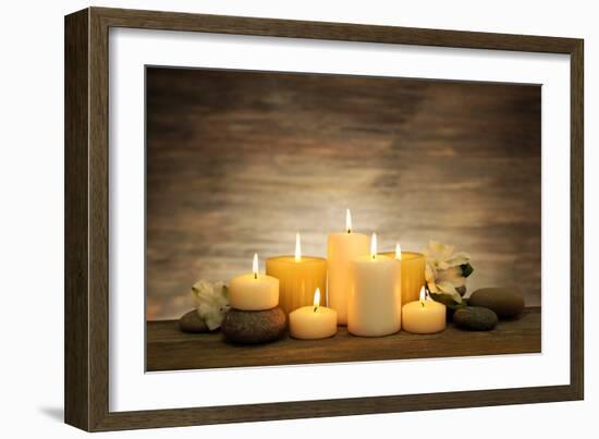 Beautiful Composition with Candles and Spa Stones on Wooden Background-Yastremska-Framed Photographic Print