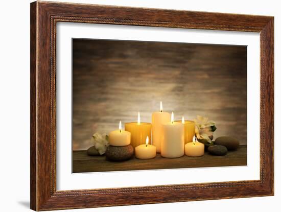 Beautiful Composition with Candles and Spa Stones on Wooden Background-Yastremska-Framed Photographic Print