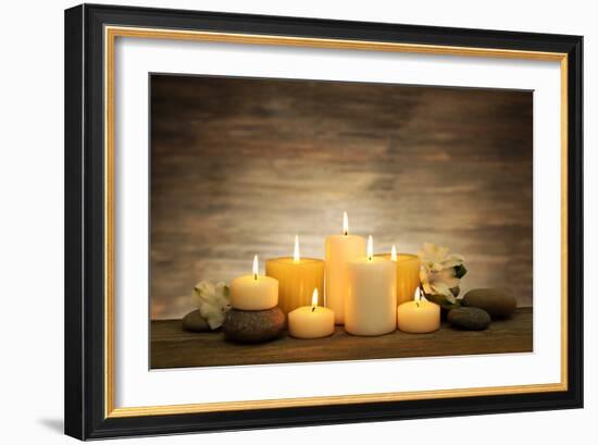 Beautiful Composition with Candles and Spa Stones on Wooden Background-Yastremska-Framed Photographic Print