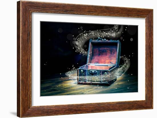 Beautiful Concept Greeting Card of Opened Vintage Chest Treasure with Miracle Magic Light-Olga Khomyakova-Framed Art Print