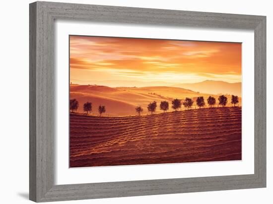Beautiful Countryside Landscape, Amazing Orange Sunset over Golden Soil Hills, Beauty of Nature, Ag-Anna Omelchenko-Framed Photographic Print