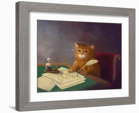 Beautiful Cute Ginger Tabby Cat Sitting at the Table and Writing a Letter with a Pen. Painting in T-Elena Medvedeva-Framed Photographic Print