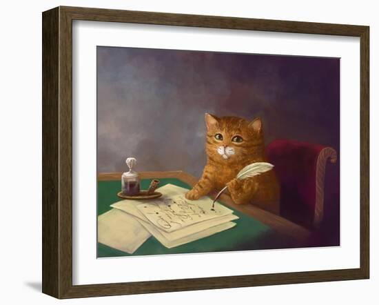 Beautiful Cute Ginger Tabby Cat Sitting at the Table and Writing a Letter with a Pen. Painting in T-Elena Medvedeva-Framed Photographic Print