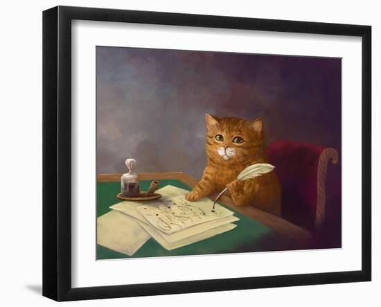 Beautiful Cute Ginger Tabby Cat Sitting at the Table and Writing a Letter with a Pen. Painting in T-Elena Medvedeva-Framed Photographic Print