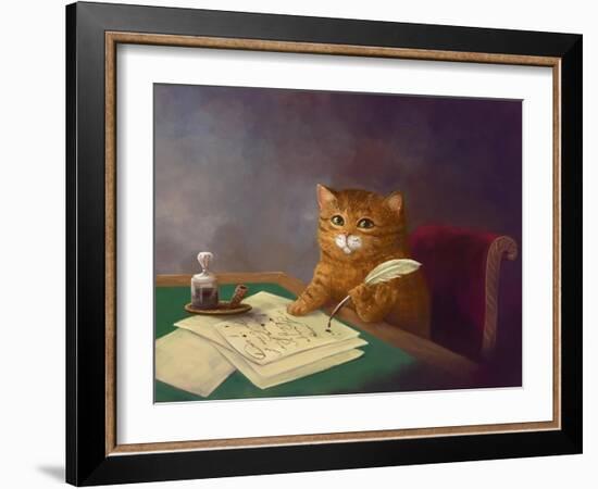 Beautiful Cute Ginger Tabby Cat Sitting at the Table and Writing a Letter with a Pen. Painting in T-Elena Medvedeva-Framed Photographic Print