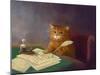 Beautiful Cute Ginger Tabby Cat Sitting at the Table and Writing a Letter with a Pen. Painting in T-Elena Medvedeva-Mounted Photographic Print