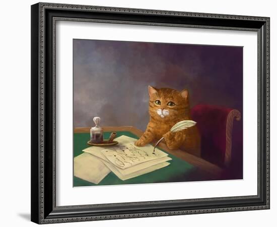 Beautiful Cute Ginger Tabby Cat Sitting at the Table and Writing a Letter with a Pen. Painting in T-Elena Medvedeva-Framed Photographic Print