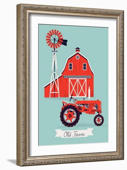 Beautiful Detailed Vector Poster or Web Banner Template on Old Farm with Classic Red Wooden Barn, W-Mascha Tace-Framed Art Print