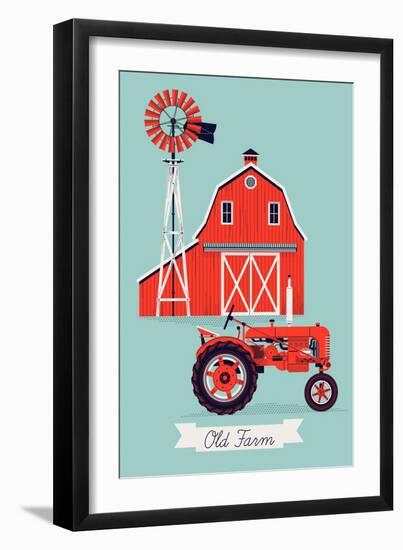 Beautiful Detailed Vector Poster or Web Banner Template on Old Farm with Classic Red Wooden Barn, W-Mascha Tace-Framed Art Print