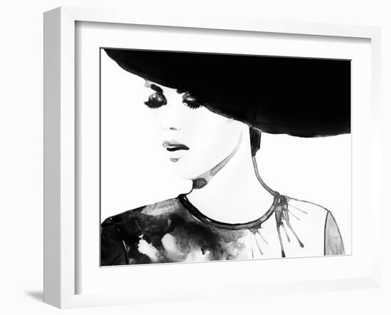 Beautiful Face. Woman Portrait with Hat. Abstract Watercolor .Fashion Background-Anna Ismagilova-Framed Art Print