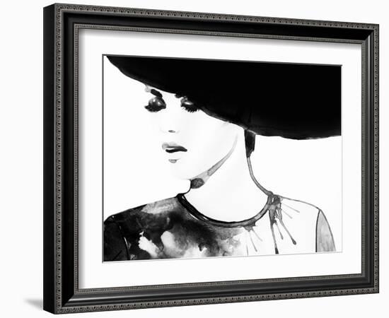 Beautiful Face. Woman Portrait with Hat. Abstract Watercolor .Fashion Background-Anna Ismagilova-Framed Art Print