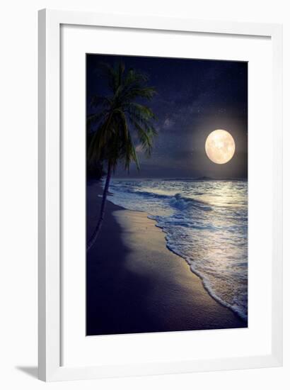 Beautiful Fantasy Tropical Beach with Milky Way Star in Night Skies, Full Moon - Retro Style Artwor-jakkapan-Framed Photographic Print
