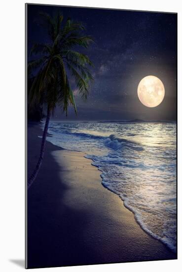 Beautiful Fantasy Tropical Beach with Milky Way Star in Night Skies, Full Moon - Retro Style Artwor-jakkapan-Mounted Photographic Print