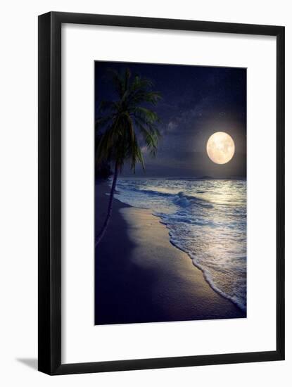 Beautiful Fantasy Tropical Beach with Milky Way Star in Night Skies, Full Moon - Retro Style Artwor-jakkapan-Framed Photographic Print