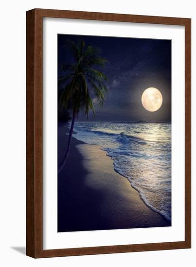 Beautiful Fantasy Tropical Beach with Milky Way Star in Night Skies, Full Moon - Retro Style Artwor-jakkapan-Framed Photographic Print