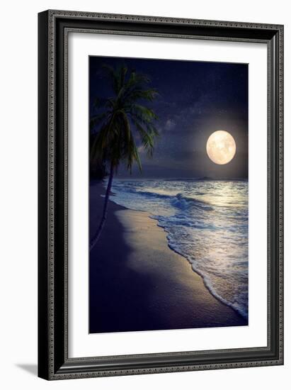 Beautiful Fantasy Tropical Beach with Milky Way Star in Night Skies, Full Moon - Retro Style Artwor-jakkapan-Framed Photographic Print