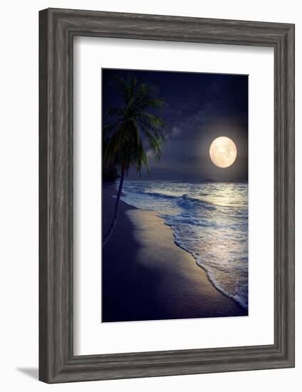 Beautiful Fantasy Tropical Beach with Milky Way Star in Night Skies, Full Moon - Retro Style Artwor-jakkapan-Framed Photographic Print