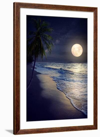 Beautiful Fantasy Tropical Beach with Milky Way Star in Night Skies, Full Moon - Retro Style Artwor-jakkapan-Framed Photographic Print