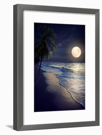 Beautiful Fantasy Tropical Beach with Milky Way Star in Night Skies, Full Moon - Retro Style Artwor-jakkapan-Framed Photographic Print