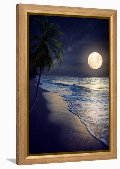 Beautiful Fantasy Tropical Beach with Milky Way Star in Night Skies, Full Moon - Retro Style Artwor-jakkapan-Framed Premier Image Canvas