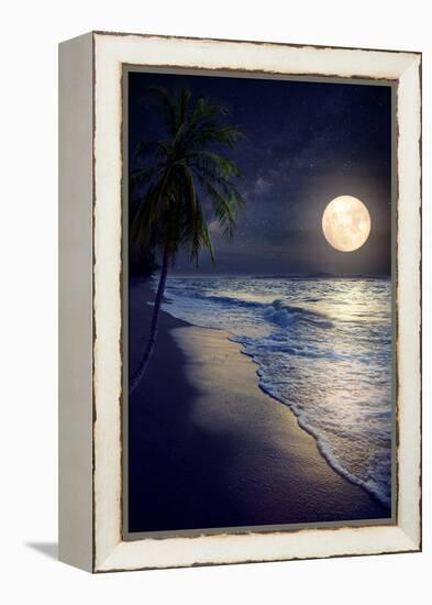 Beautiful Fantasy Tropical Beach with Milky Way Star in Night Skies, Full Moon - Retro Style Artwor-jakkapan-Framed Premier Image Canvas