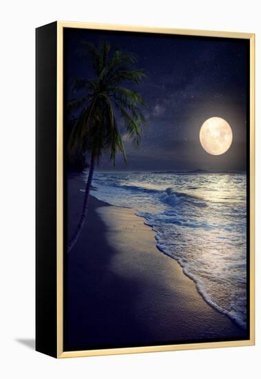 Beautiful Fantasy Tropical Beach with Milky Way Star in Night Skies, Full Moon - Retro Style Artwor-jakkapan-Framed Premier Image Canvas