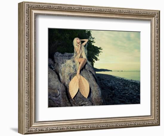 Beautiful Fashionable Mermaid Sitting On A Rock By The Sea-George Mayer-Framed Art Print