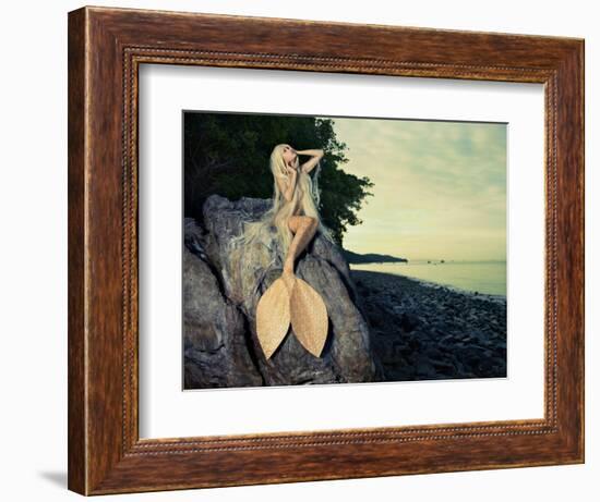 Beautiful Fashionable Mermaid Sitting On A Rock By The Sea-George Mayer-Framed Art Print