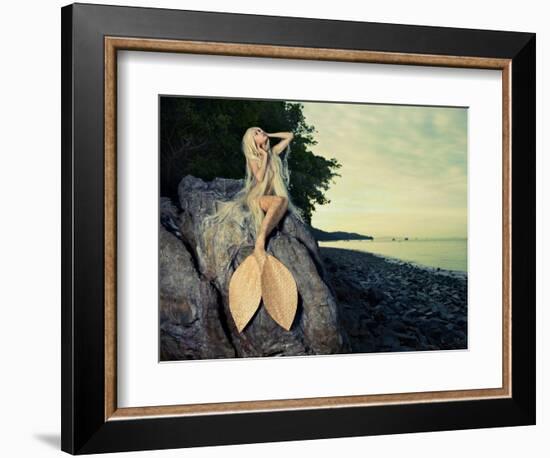Beautiful Fashionable Mermaid Sitting On A Rock By The Sea-George Mayer-Framed Art Print