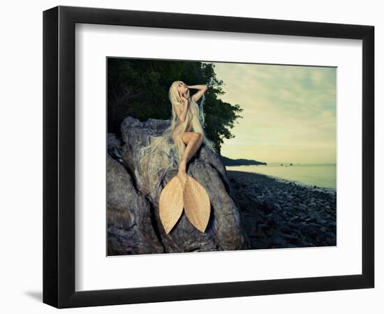 Beautiful Fashionable Mermaid Sitting On A Rock By The Sea-George Mayer-Framed Art Print