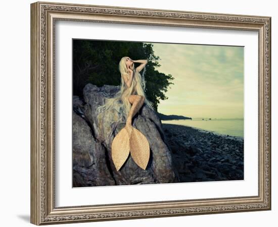 Beautiful Fashionable Mermaid Sitting On A Rock By The Sea-George Mayer-Framed Art Print