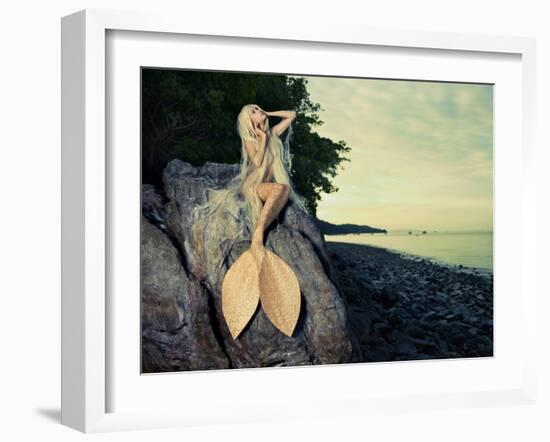 Beautiful Fashionable Mermaid Sitting On A Rock By The Sea-George Mayer-Framed Art Print