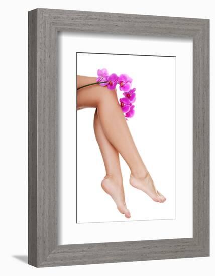 Beautiful Female Legs and an Orchid Flower, Isolated on White-B-D-S-Framed Photographic Print