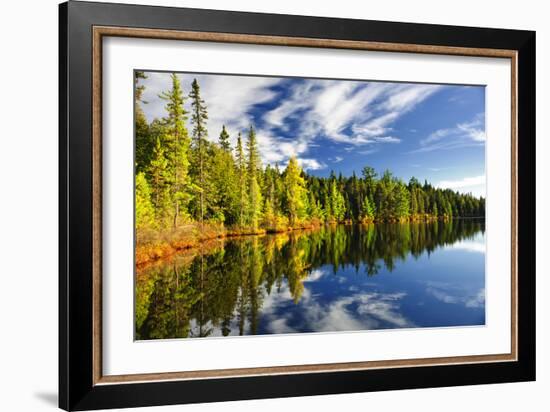 Beautiful Forest Reflecting on Calm Lake Shore at Algonquin Park, Canada-elenathewise-Framed Photographic Print