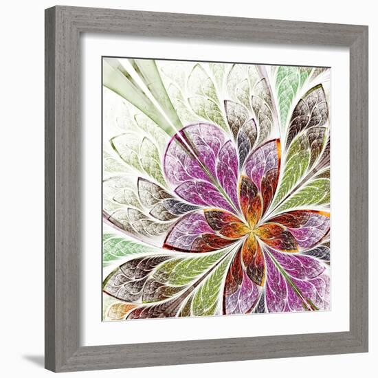 Beautiful Fractal Flower in Beige, Green and Violet-velirina-Framed Art Print