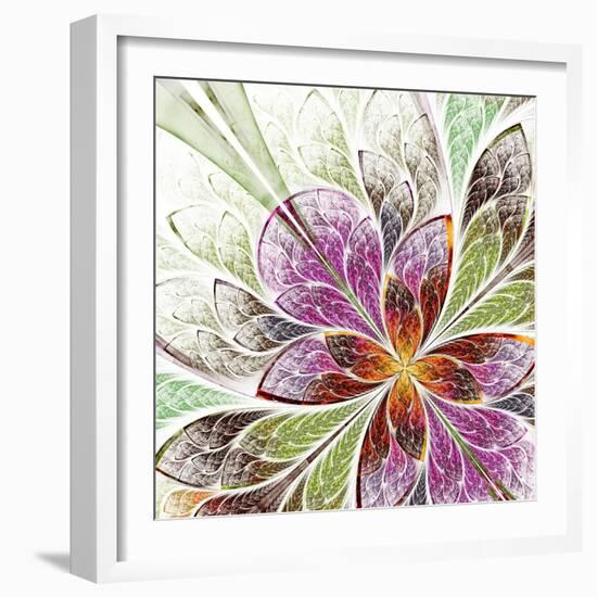 Beautiful Fractal Flower in Beige, Green and Violet-velirina-Framed Art Print