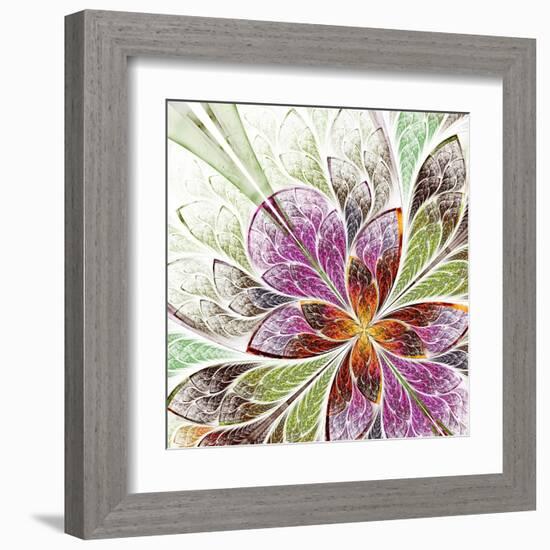 Beautiful Fractal Flower in Beige, Green and Violet-velirina-Framed Art Print