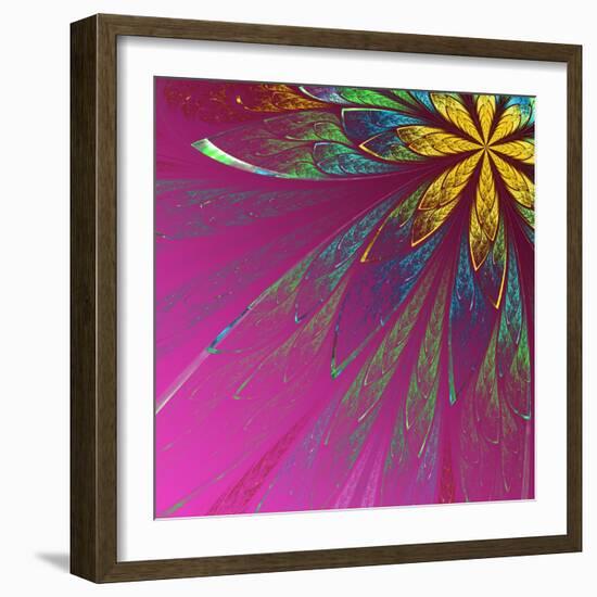 Beautiful Fractal Flower in Green and Yellow on Violet Background-velirina-Framed Art Print