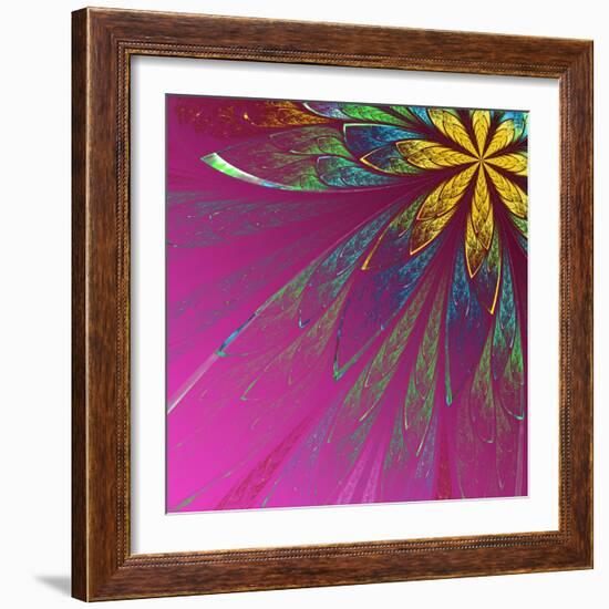 Beautiful Fractal Flower in Green and Yellow on Violet Background-velirina-Framed Art Print