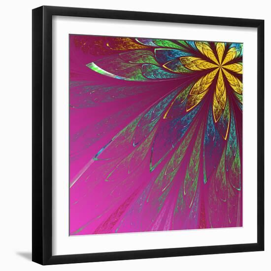 Beautiful Fractal Flower in Green and Yellow on Violet Background-velirina-Framed Art Print