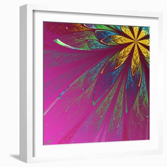 Beautiful Fractal Flower in Green and Yellow on Violet Background-velirina-Framed Art Print