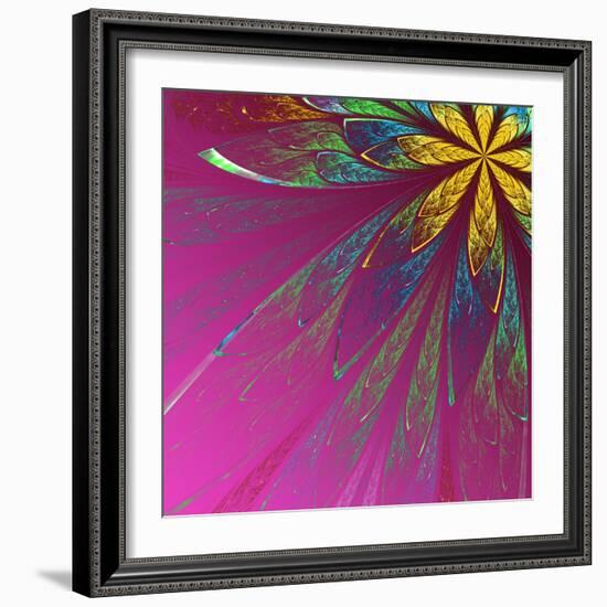 Beautiful Fractal Flower in Green and Yellow on Violet Background-velirina-Framed Art Print