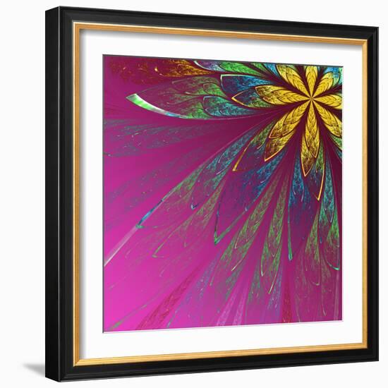 Beautiful Fractal Flower in Green and Yellow on Violet Background-velirina-Framed Art Print