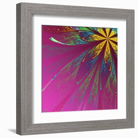 Beautiful Fractal Flower in Green and Yellow on Violet Background-velirina-Framed Art Print