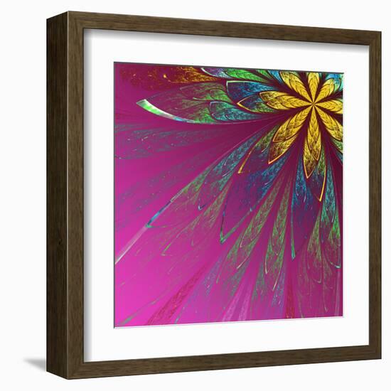 Beautiful Fractal Flower in Green and Yellow on Violet Background-velirina-Framed Art Print