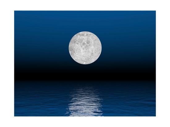 Beautiful Full Moon Against A Deep Blue Sky Over The Ocean Art Print Art Com