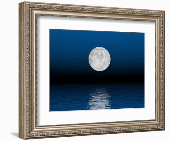 Beautiful Full Moon Against a Deep Blue Sky over the Ocean-null-Framed Premium Giclee Print