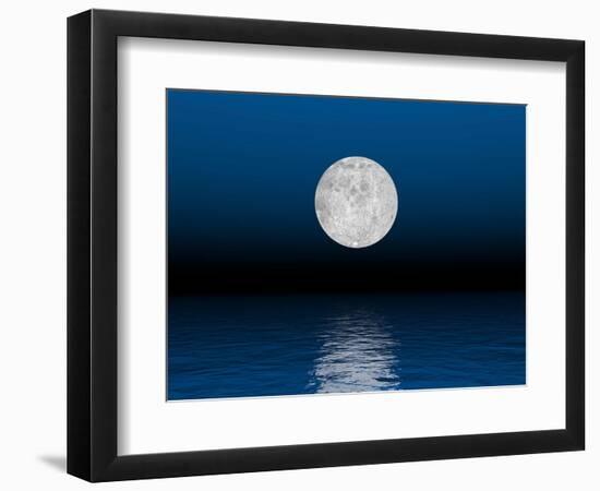 Beautiful Full Moon Against a Deep Blue Sky over the Ocean-null-Framed Premium Giclee Print
