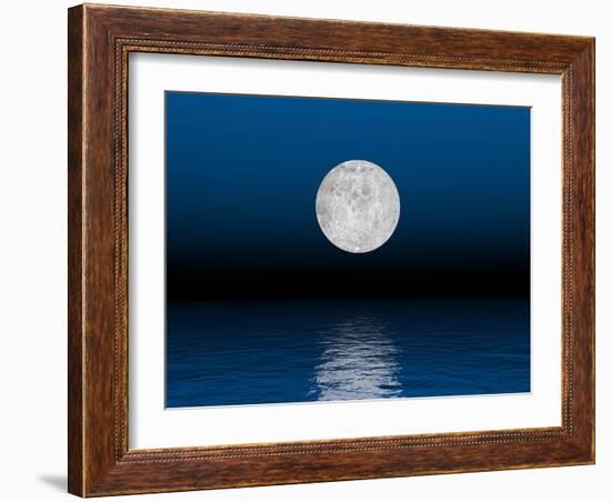 Beautiful Full Moon Against a Deep Blue Sky over the Ocean-null-Framed Art Print